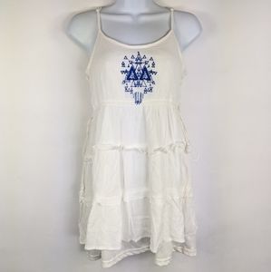 Moral Fiber White Ruffle Blue Embroidered Dress S